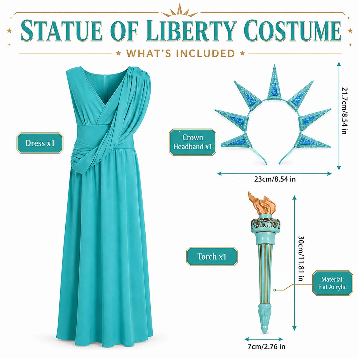 Adult Statue of Liberty costume flat lay shows the long turquoise dress, crown headband and torch with accessory dimensions.