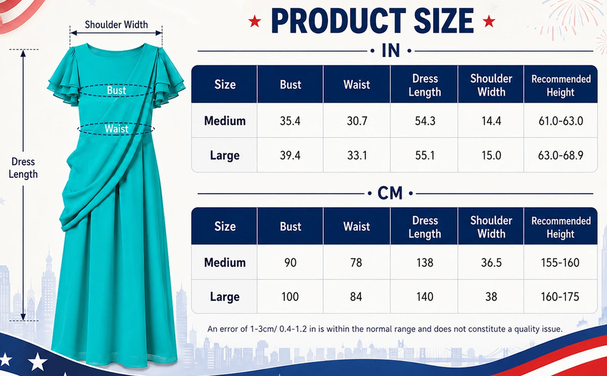 Statue of Liberty costume size chart lists bust, waist, dress length, shoulder width and suggested height for Medium and Large.