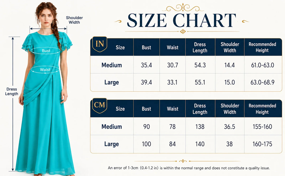 Size chart for adult Statue of Liberty gown in sizes M and L