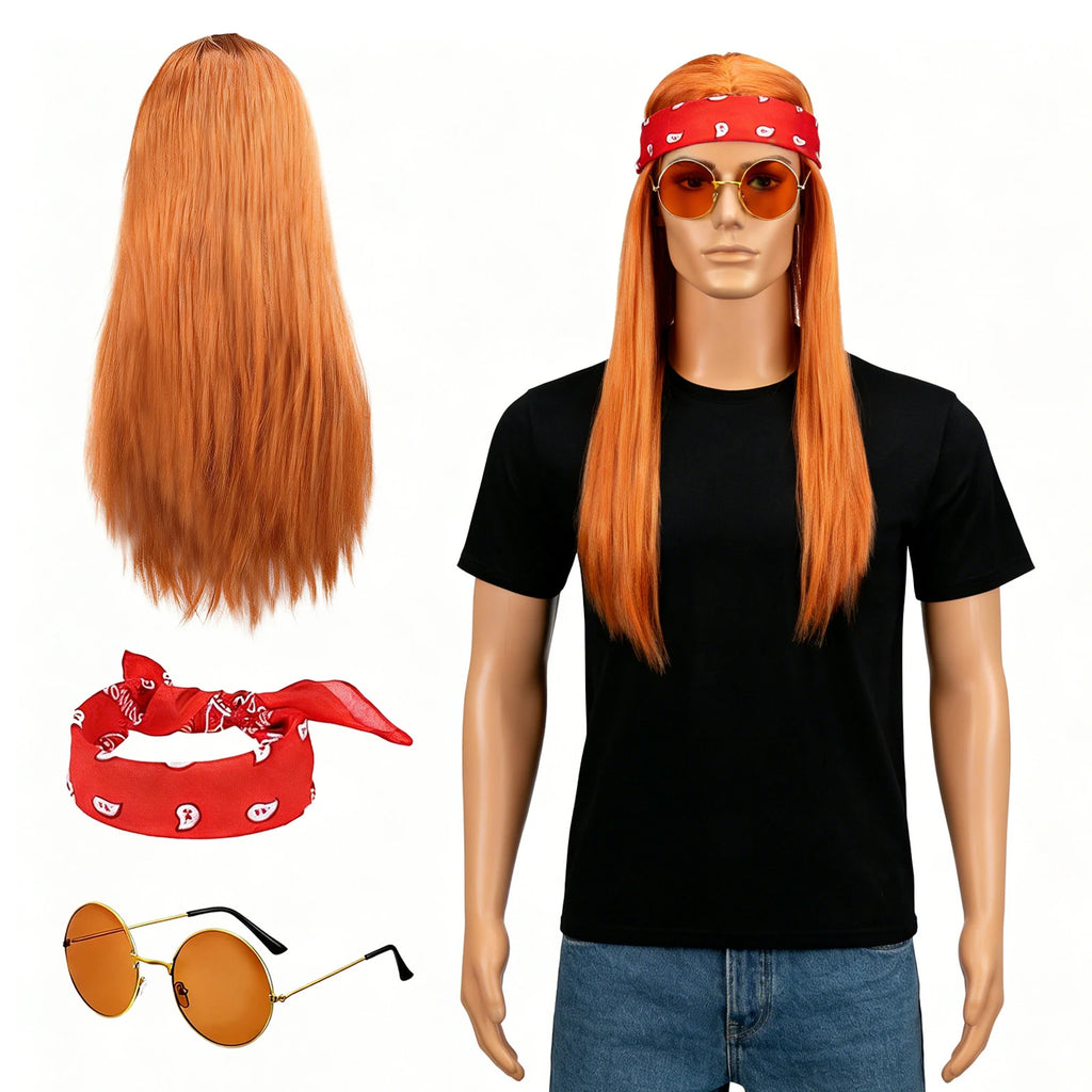 An adult wears a hippie wig round tinted glasses and red bandana, with the long orange-brown wig, red bandana and round tinted glasses clearly visible.