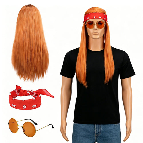 An adult wears a hippie wig round tinted glasses and red bandana, with the long orange-brown wig, red bandana and round tinted glasses clearly visible.