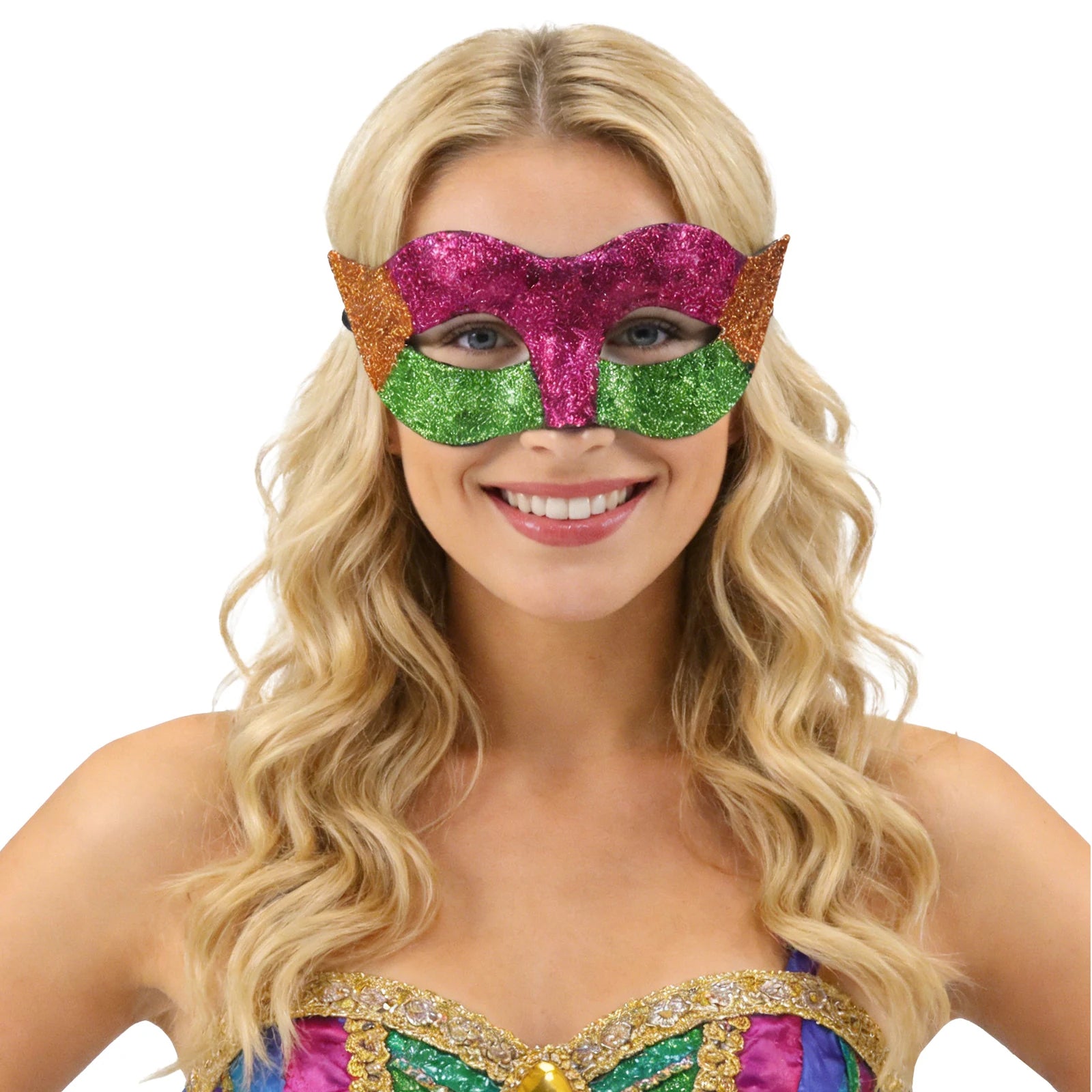 An adult wears a purple green and gold glitter Mardi Gras eye mask, with the purple, green and gold glitter panels with pointed side accents clearly visible.