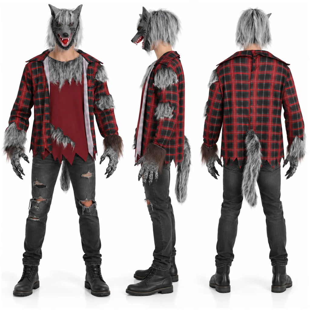 Back and detail views of the adult werewolf costume set.
