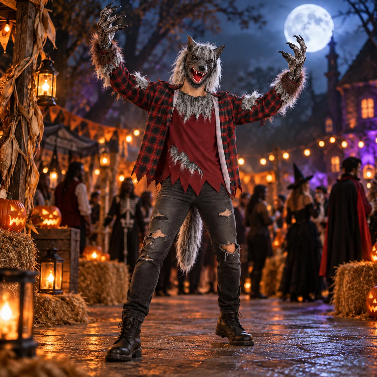 Adult werewolf costume shown in a Halloween party scene with clearly visible coordinated costume details.