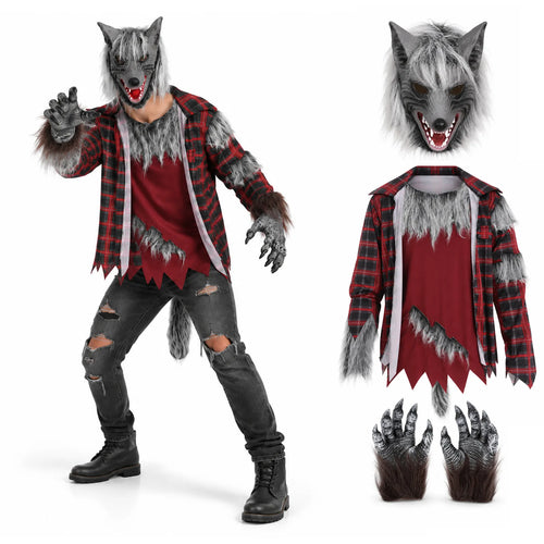 Adult wearing the werewolf costume with a full-head mask, red plaid shirt, and furry claw gloves.