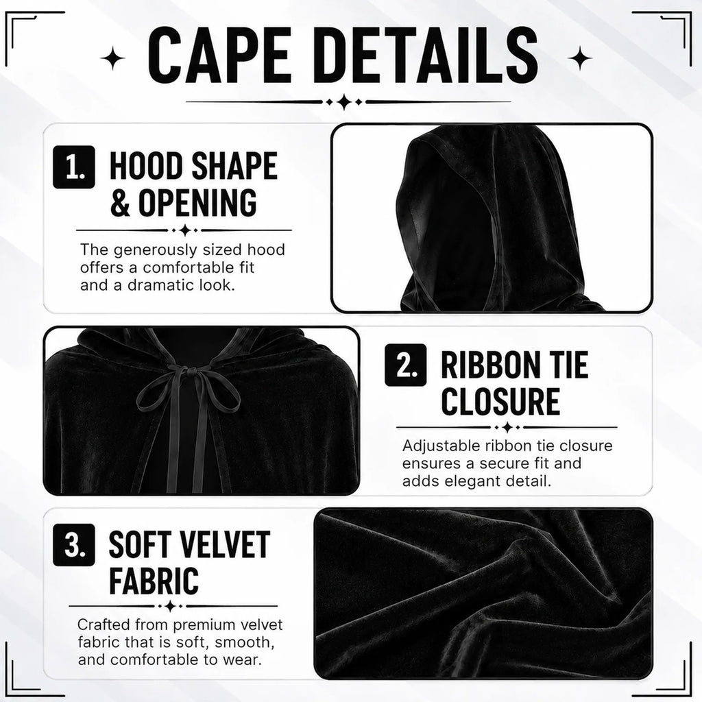 Close-up details of the black wizard cape, hat, wand, beard, and glasses.