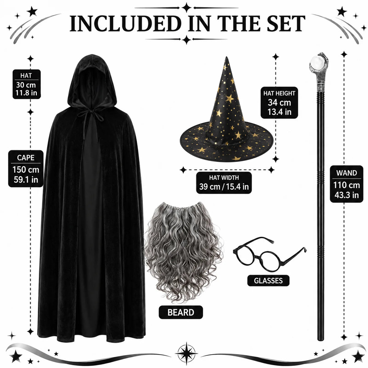 Size and accessory measurements for the adult black wizard costume set.