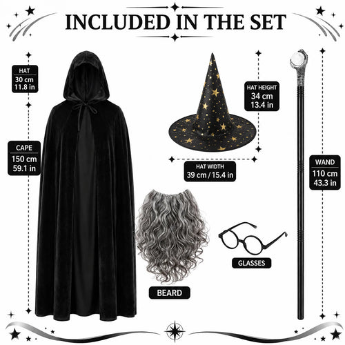 Size and accessory measurements for the adult black wizard costume set.