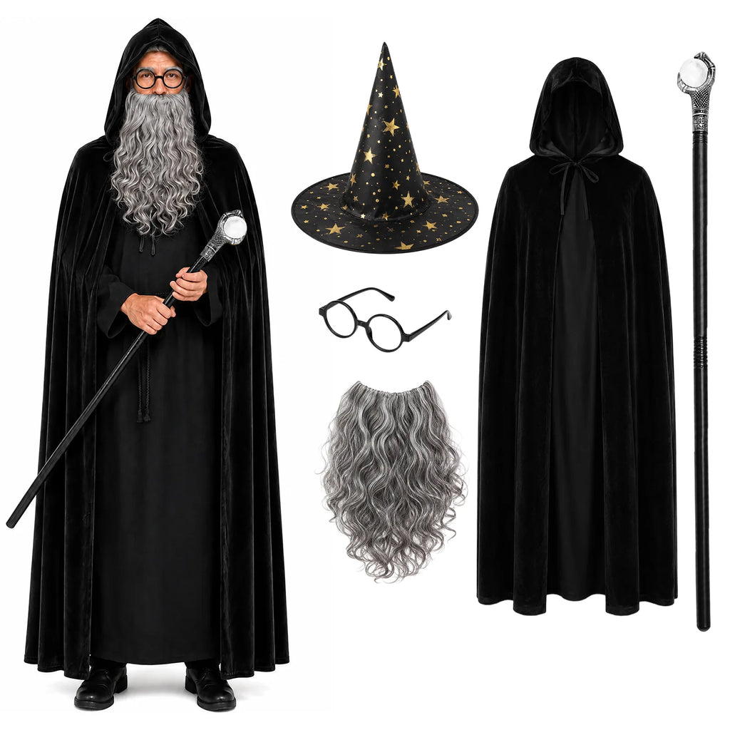 Adult black wizard costume set with velvet cape, hat, wand, beard, and glasses.