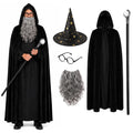 Adult black wizard costume set with velvet cape, hat, wand, beard, and glasses.