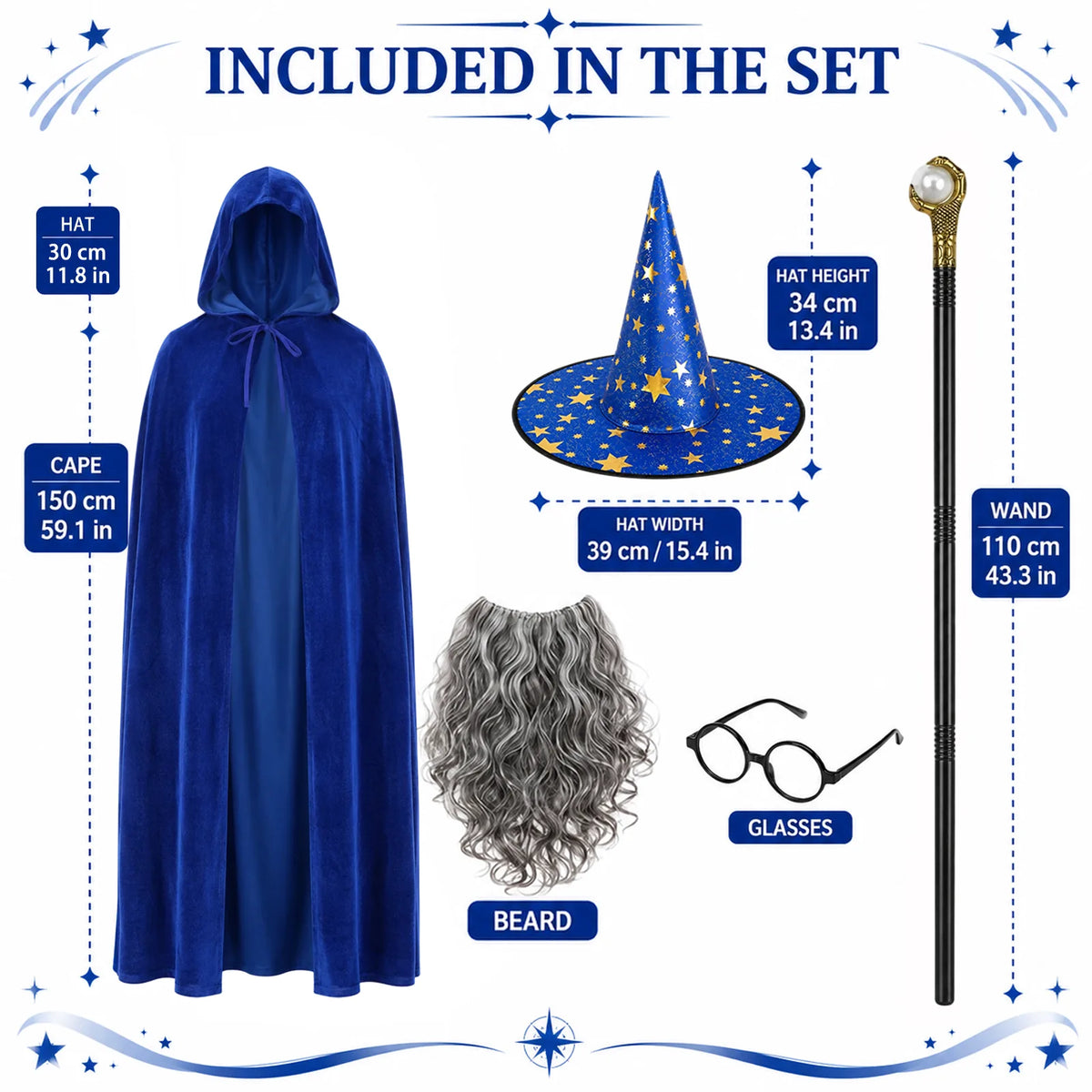 Size and accessory measurements for the adult blue wizard costume set.