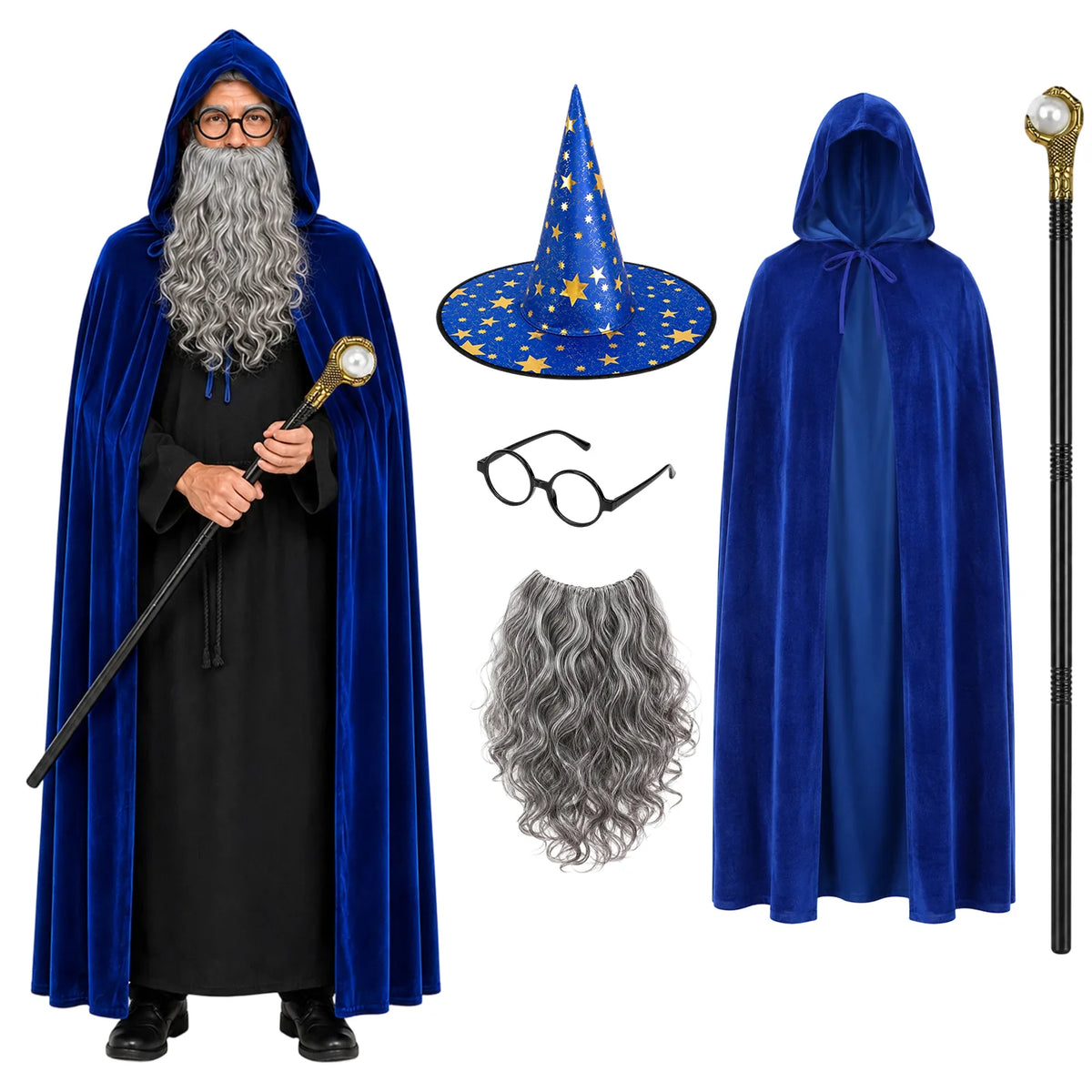 Adult blue wizard costume set with velvet cape, hat, wand, beard, and glasses.