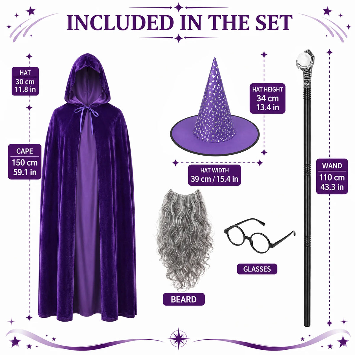 Size and accessory measurements for the adult purple wizard costume set.