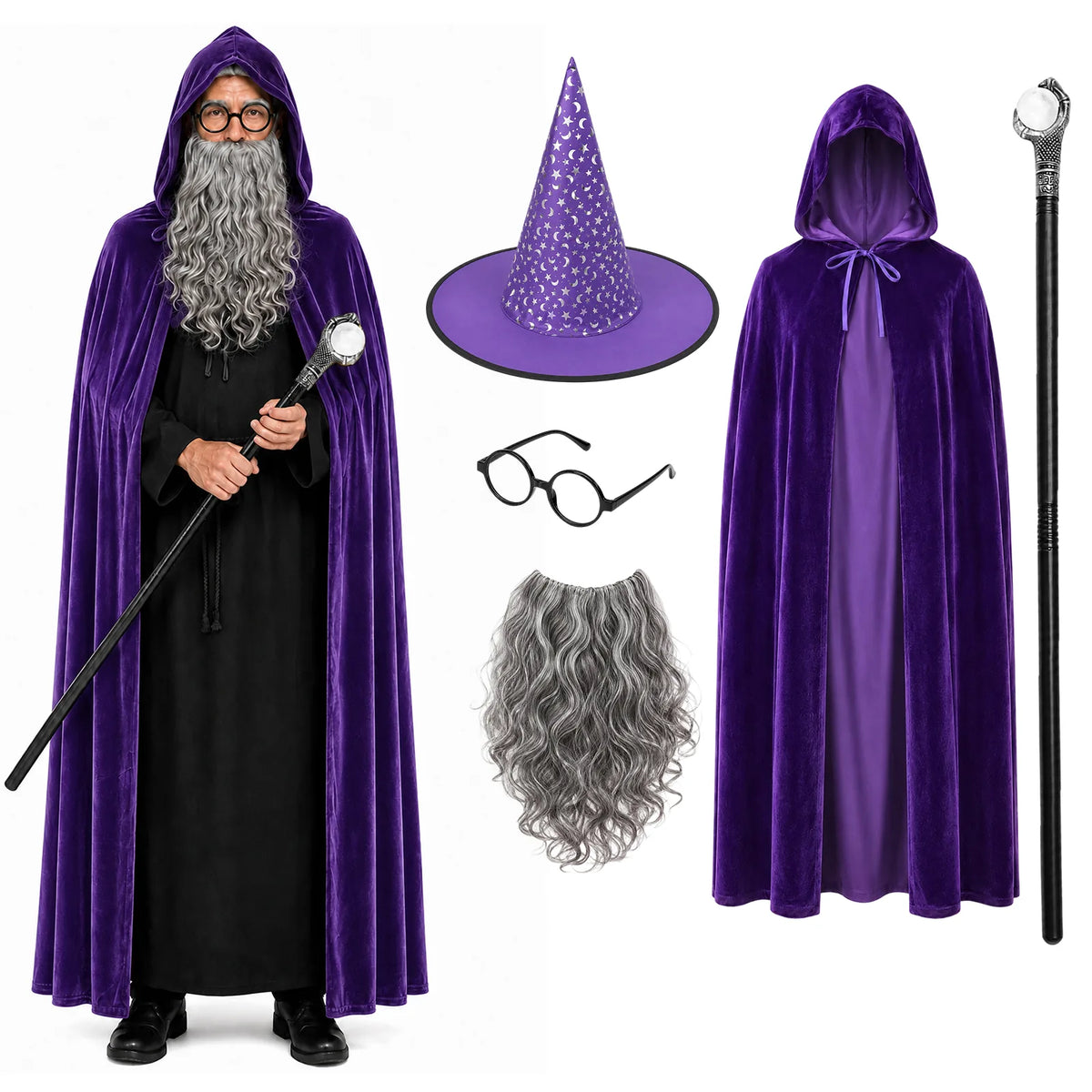 Adult purple wizard costume set with velvet cape, hat, wand, beard, and glasses.