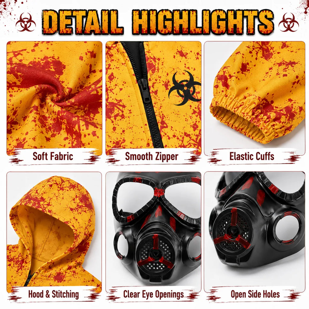 Yellow biohazard costume zipper cuffs print and mask details