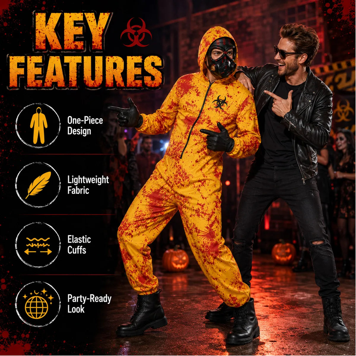 Adult yellow hazmat costume Halloween contaminated-zone scene