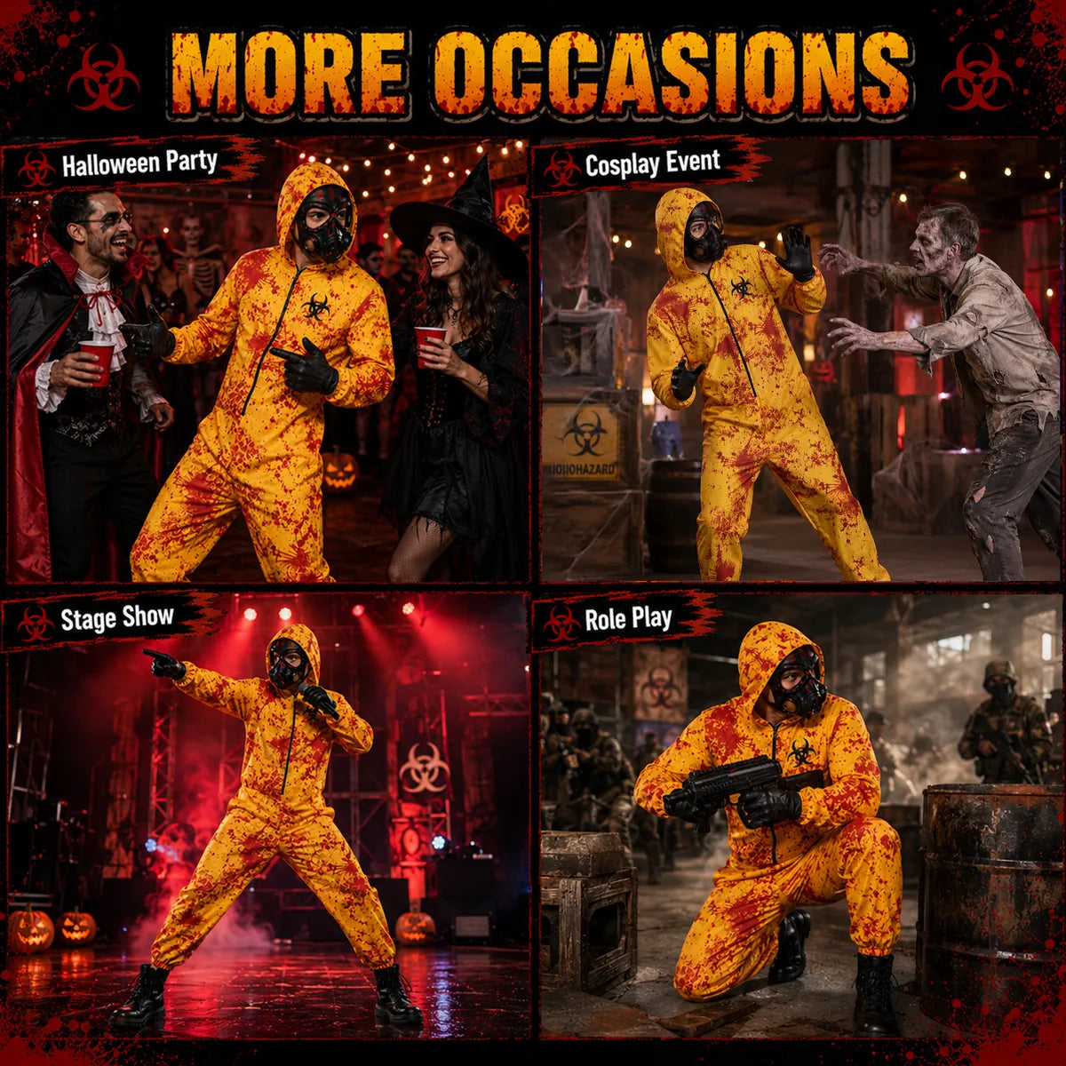 Yellow biohazard costume group Halloween scene
