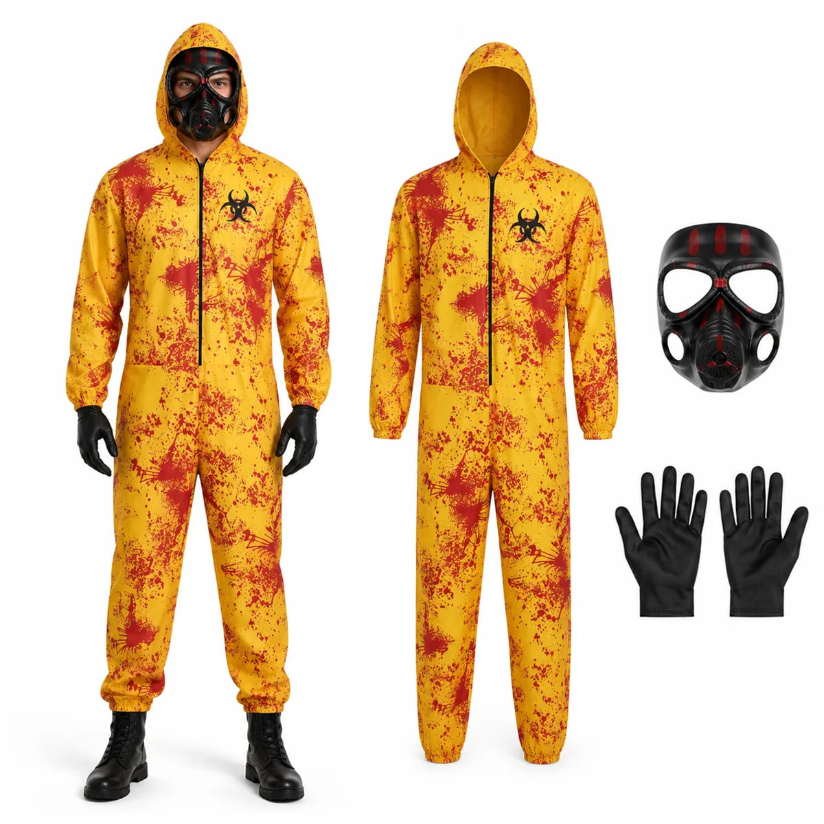 Adult yellow biohazard hazmat costume with black mask and gloves