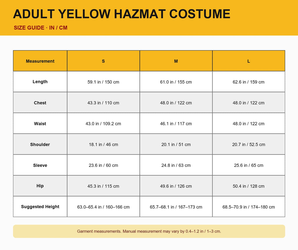 Compact adult yellow hazmat costume size guide in inches and centimeters for sizes S to L
