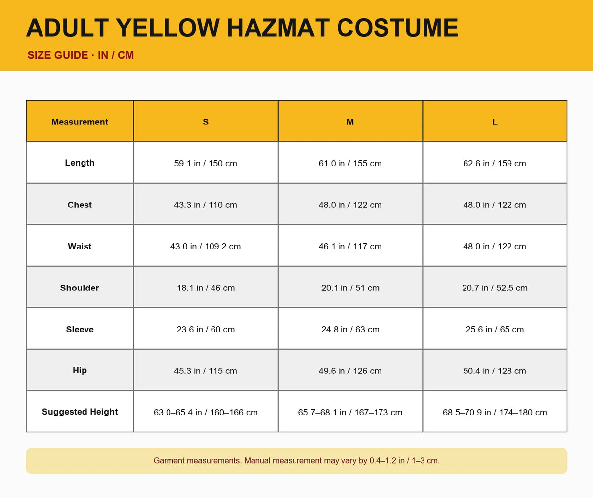 Compact adult yellow hazmat costume size guide in inches and centimeters for sizes S to L