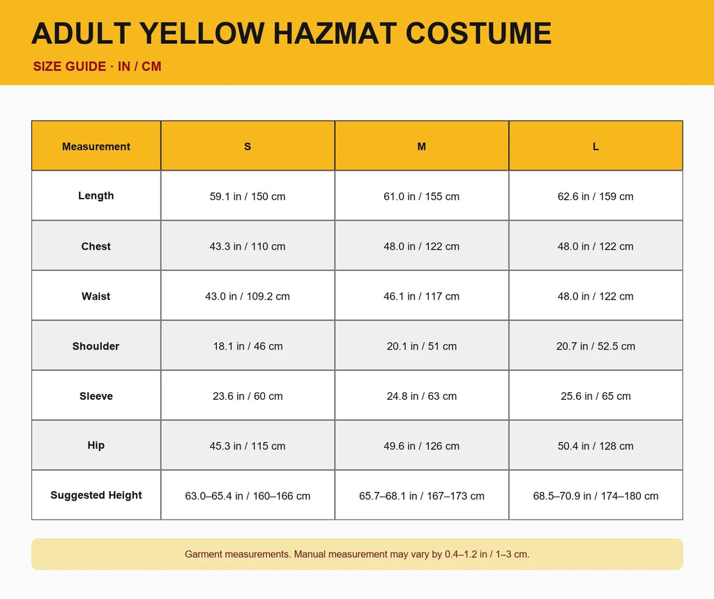Compact adult yellow hazmat costume size guide in inches and centimeters for sizes S to L