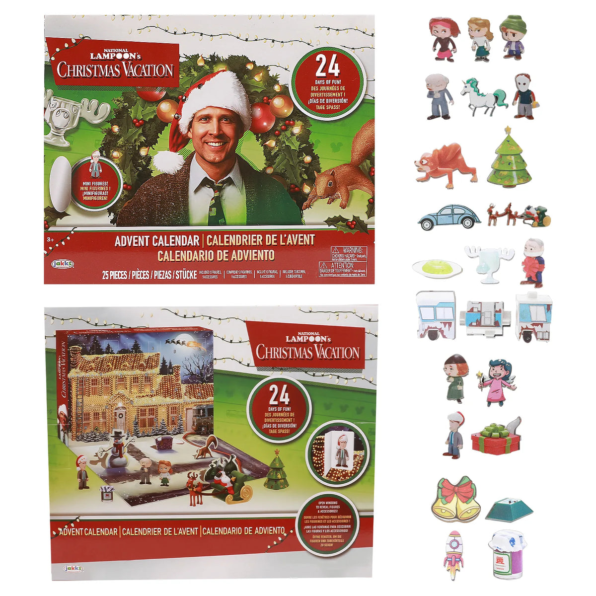 Advent calendar figures and flat accessories with Christmas Vacation inspired packaging and fold-out house scene.