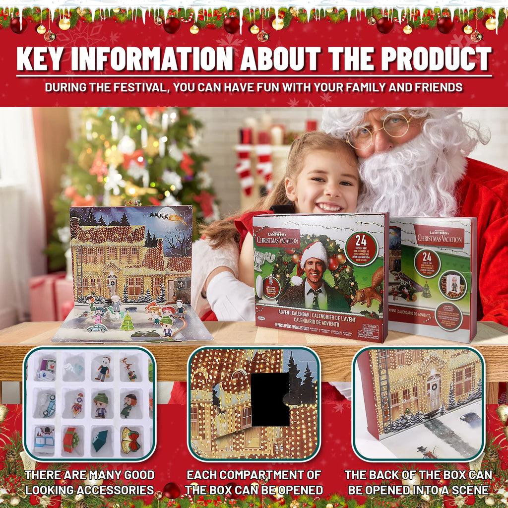 Christmas Vacation inspired calendar packaging with opening numbered doors and flat accessories pictured in a tray.