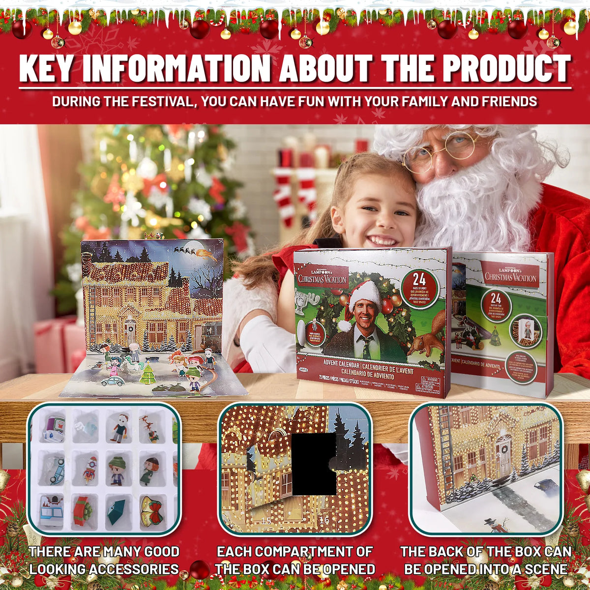 Christmas Vacation inspired calendar packaging with opening numbered doors and flat accessories pictured in a tray.