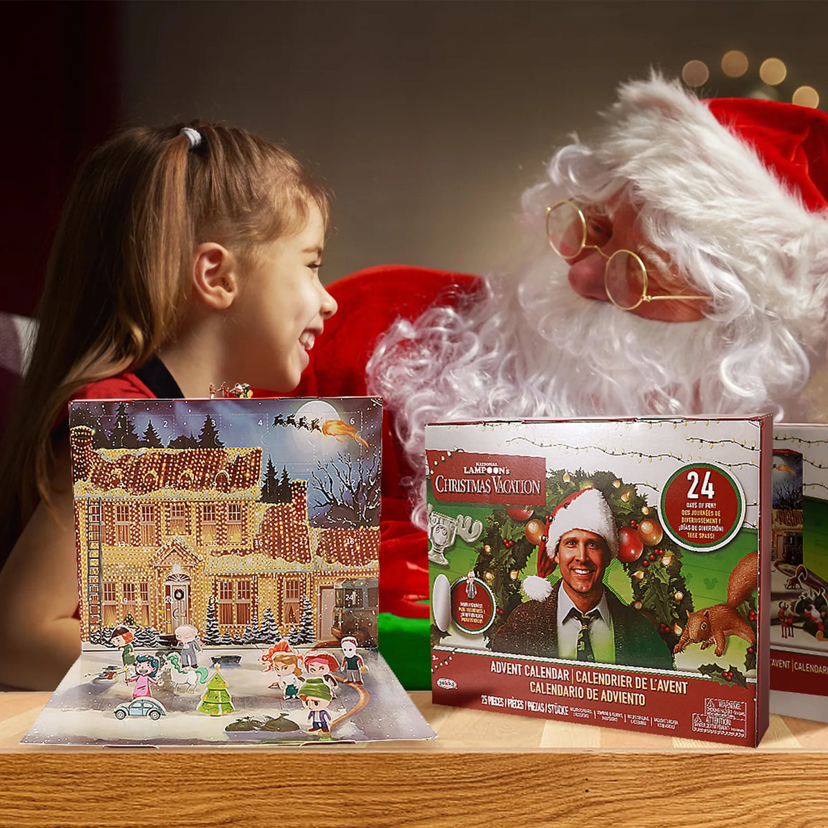 Christmas Vacation inspired advent calendar with miniatures displayed on a table in a festive scene.