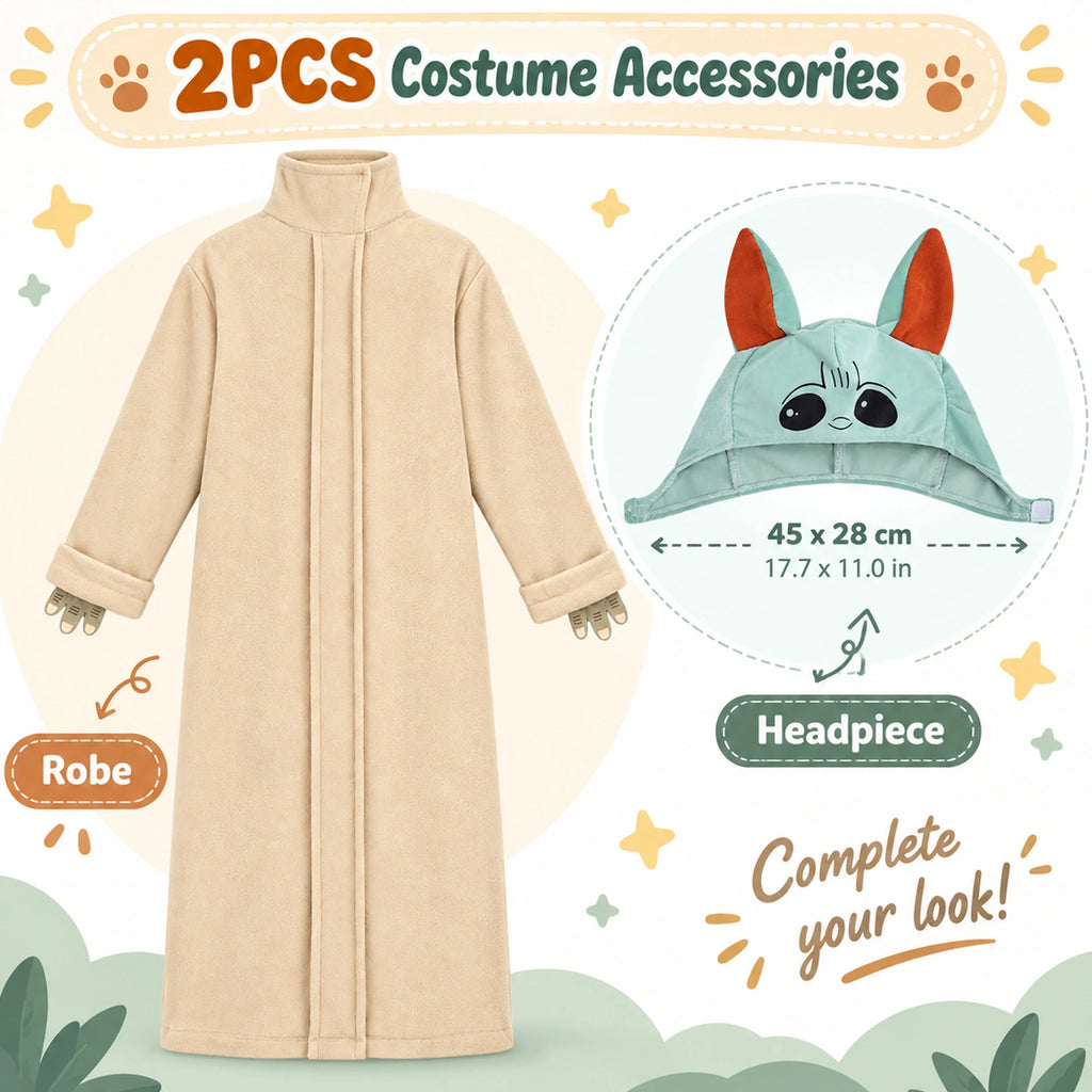 The Yoda-inspired costume includes a beige robe and green headpiece shown with 45 by 28 cm dimensions.