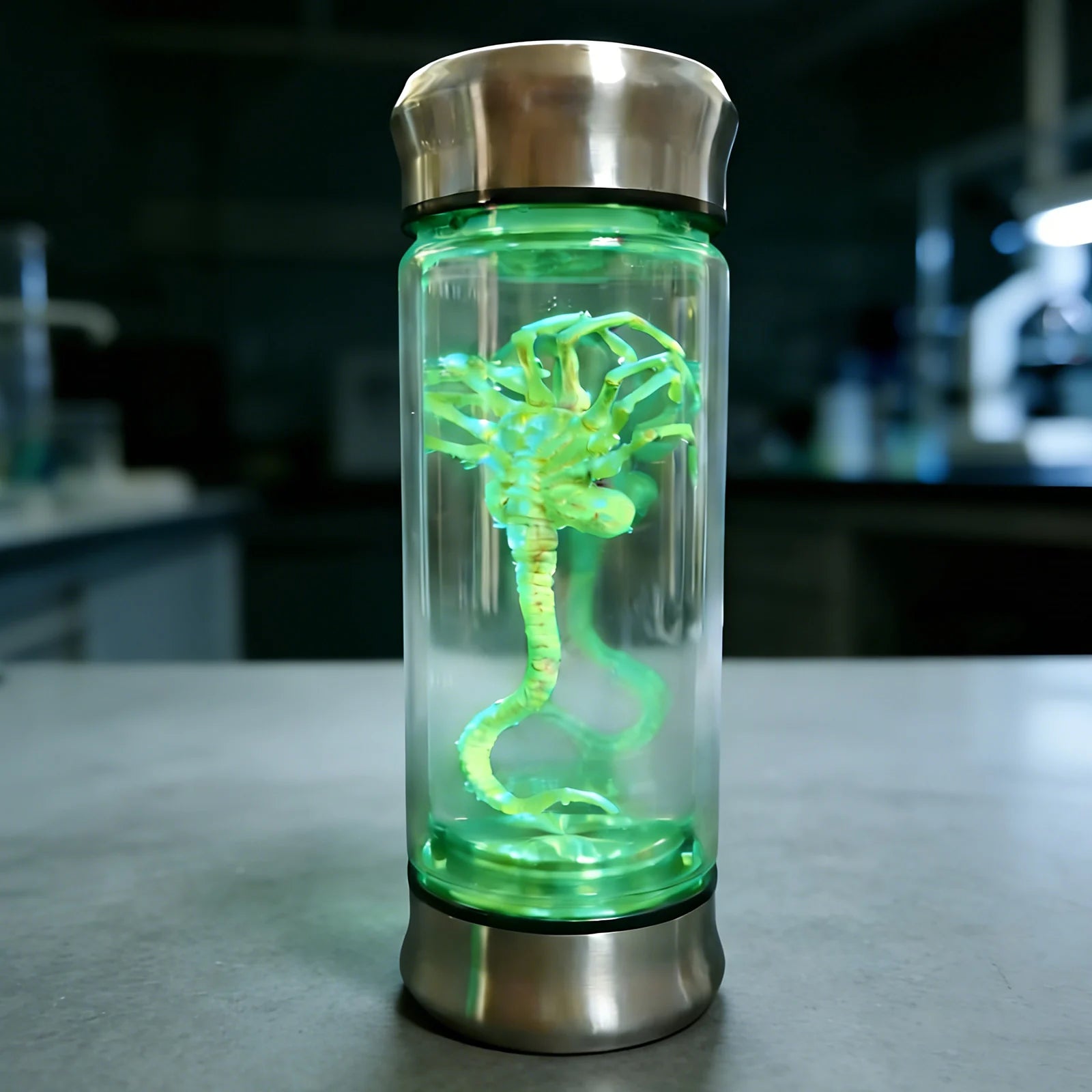 A themed setting presents alien creature specimen displayed inside a clear illuminated jar, with the clear specimen jar, sculpted alien creature and green illumination clearly visible.