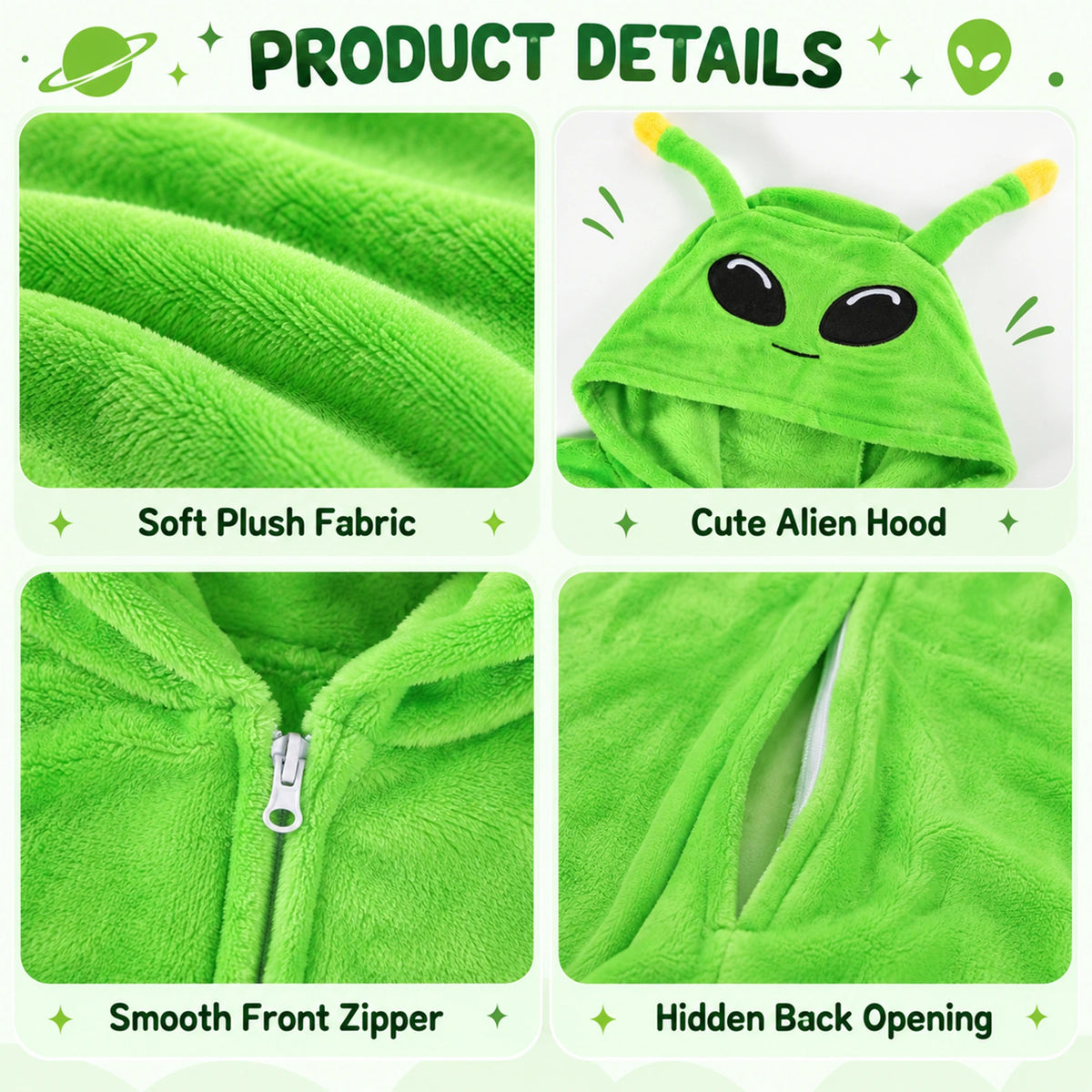 Close-ups show the alien jumpsuit texture, antenna hood, front zipper and separate back opening.
