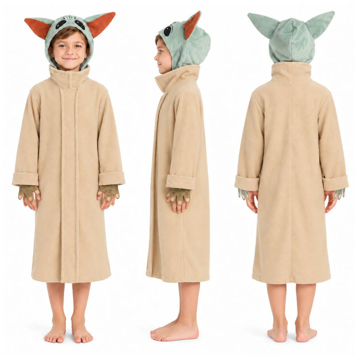 Front, side and back views show the Yoda-inspired beige robe and separate green headpiece.