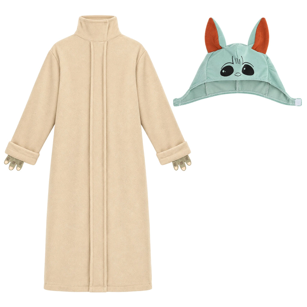 A beige robe and green long-eared costume headpiece form the two-piece Yoda-inspired outfit.