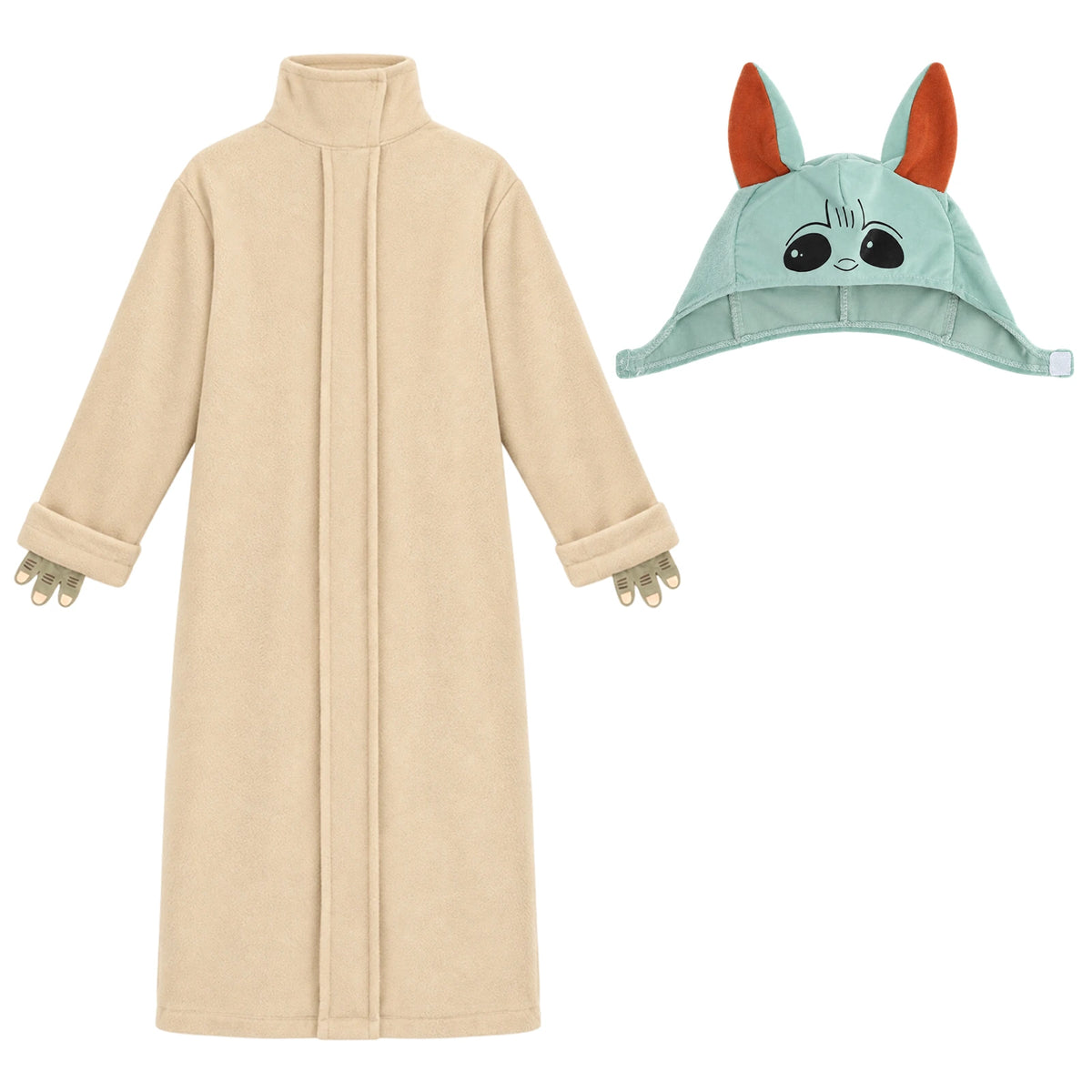 A beige robe and green long-eared costume headpiece form the two-piece Yoda-inspired outfit.