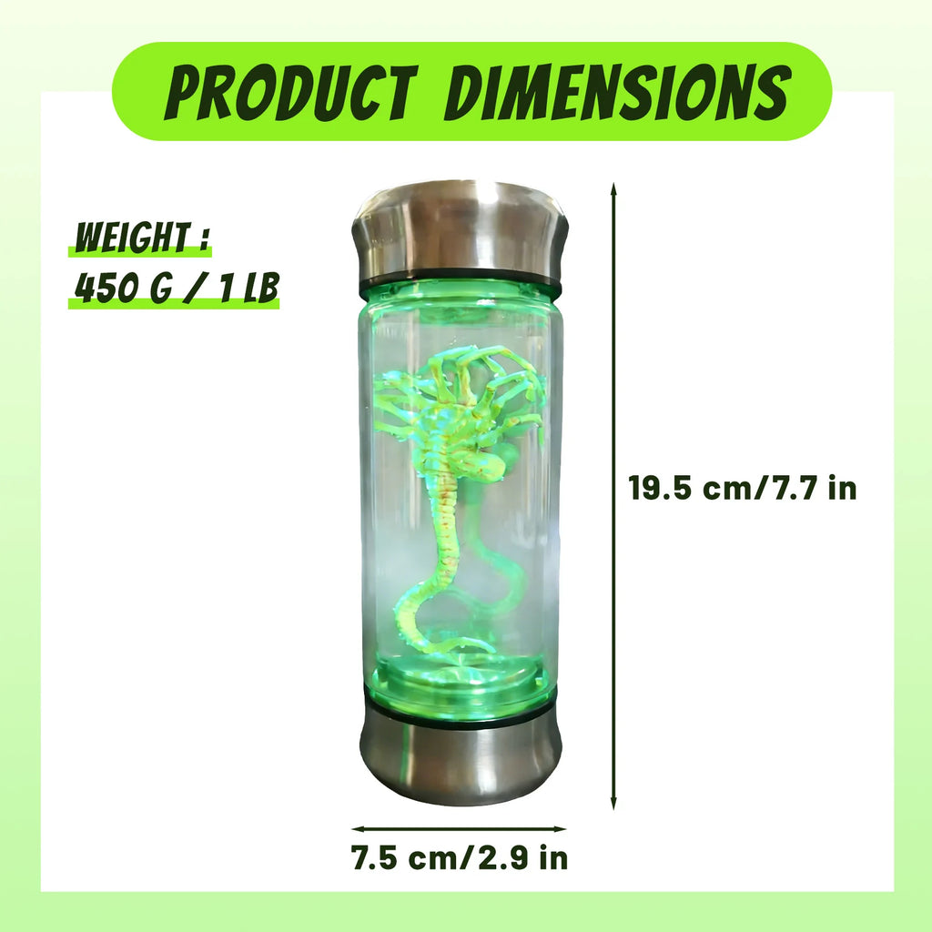 A measurement chart presents alien specimen jar dimensions showing height diameter and weight, including the visible size information for the glowing alien specimen jar light.
