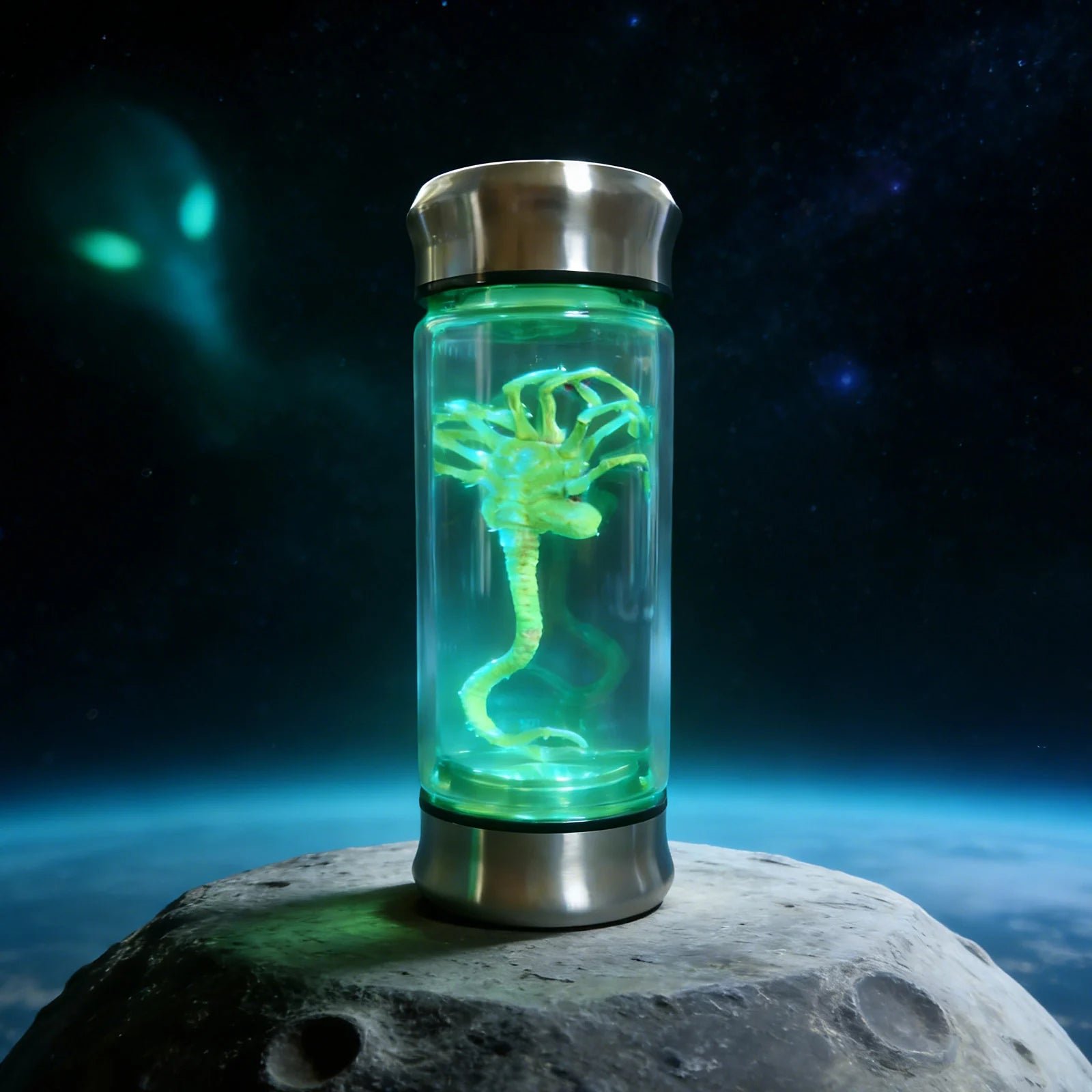 A themed setting presents alien specimen jar light shown from multiple display angles, with the clear specimen jar, sculpted alien creature and green illumination clearly visible.