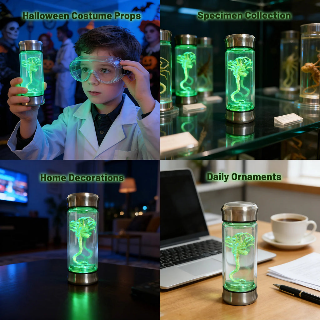 A themed setting presents alien specimen jar light styled for Halloween desk and collectible displays, with the clear specimen jar, sculpted alien creature and green illumination clearly visible.