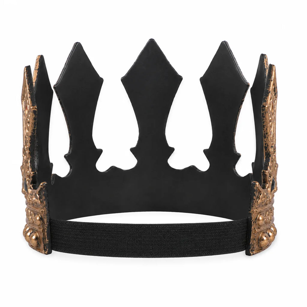 Back view of the antique gold jeweled costume crown shows the soft panels and black elastic strap.