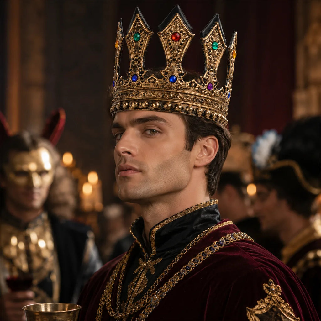 Man wears the antique gold costume crown at a banquet.