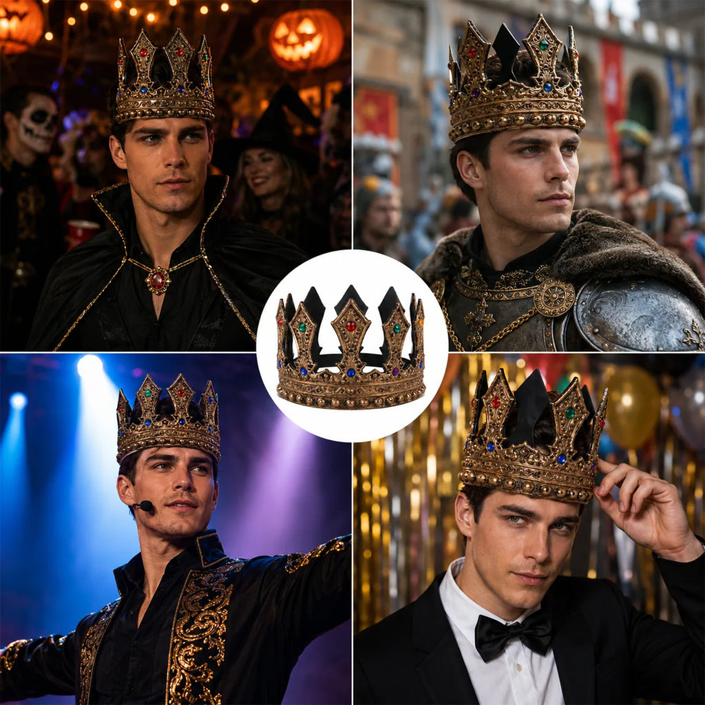 Antique gold jeweled crown shown in several costume and party settings.