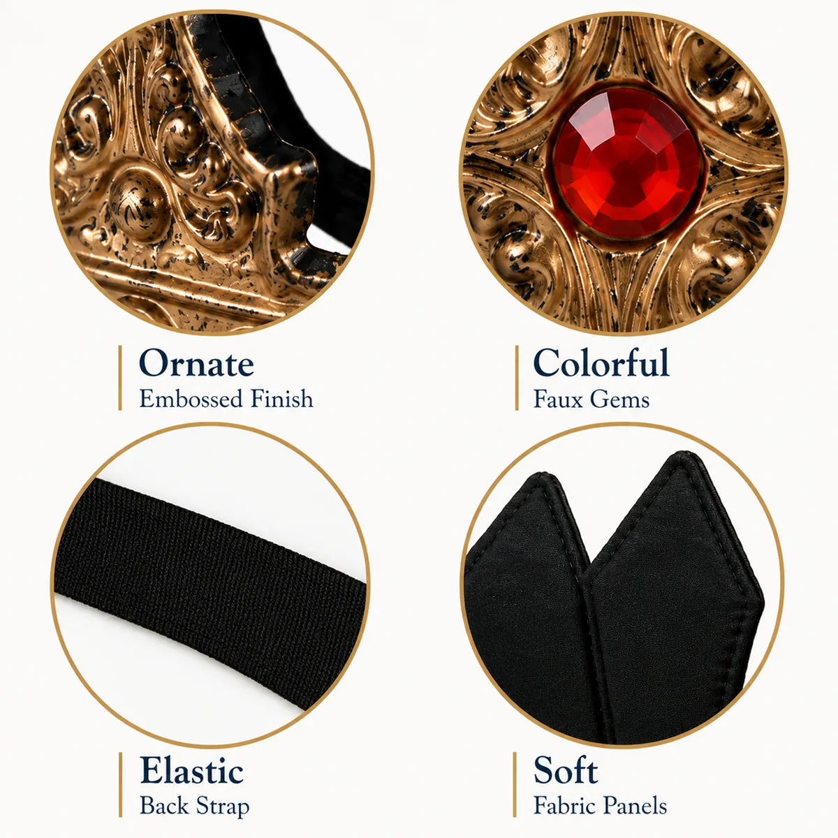 Detail graphic of the antique gold jeweled costume crown highlights embossed trim, faux gems, elastic, and soft panels.