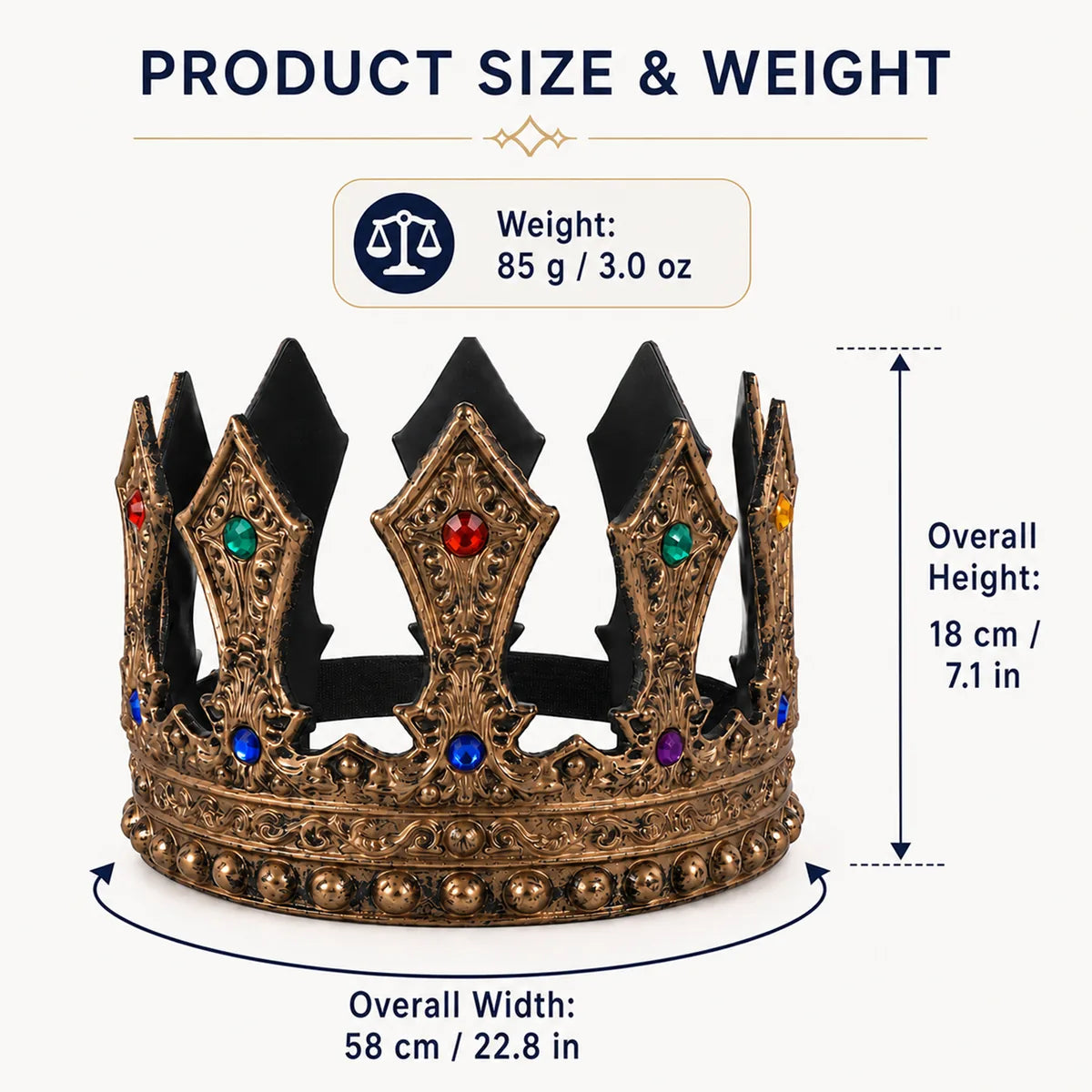 Dimension graphic shows the antique gold crown height, circumference, and weight.