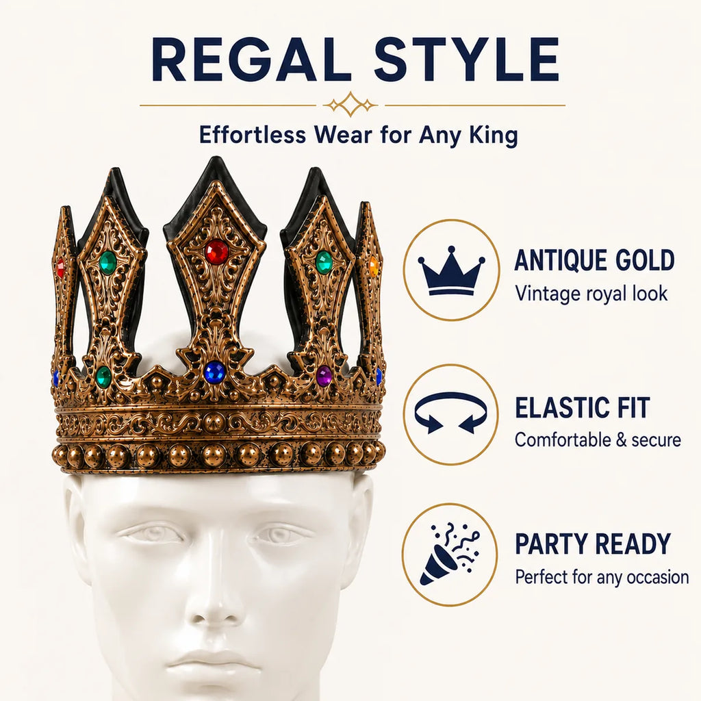 Antique gold jeweled crown shown fitted on a display head.