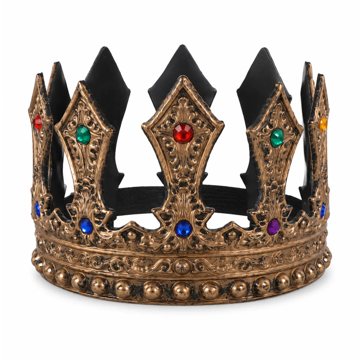 Front view of the antique gold crown with colorful faux gems.