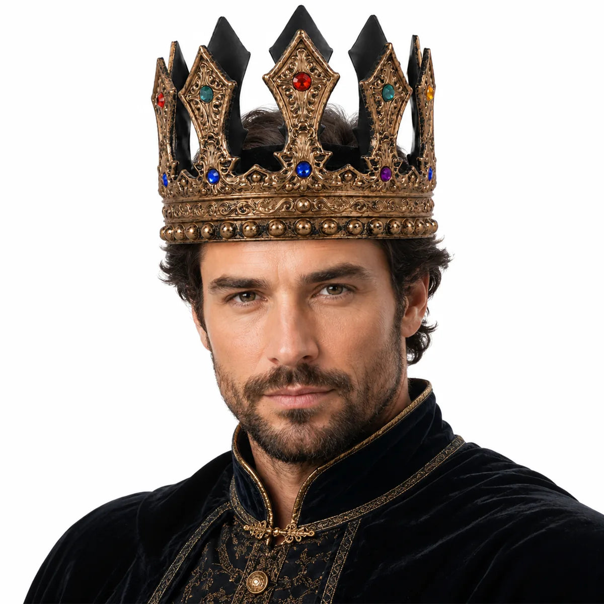 Adult man wears the antique gold jeweled costume crown with regal styling.