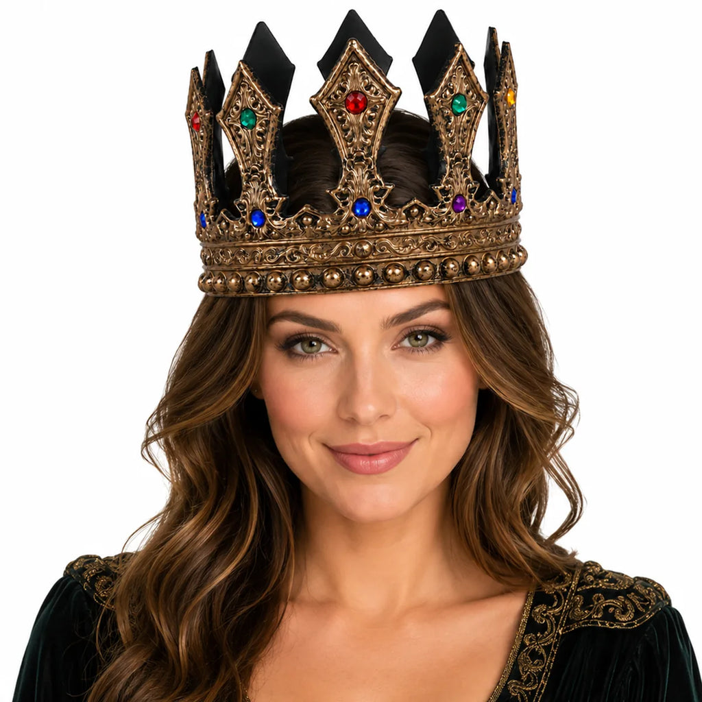 Woman wears an antique gold costume crown with colorful faux gems.