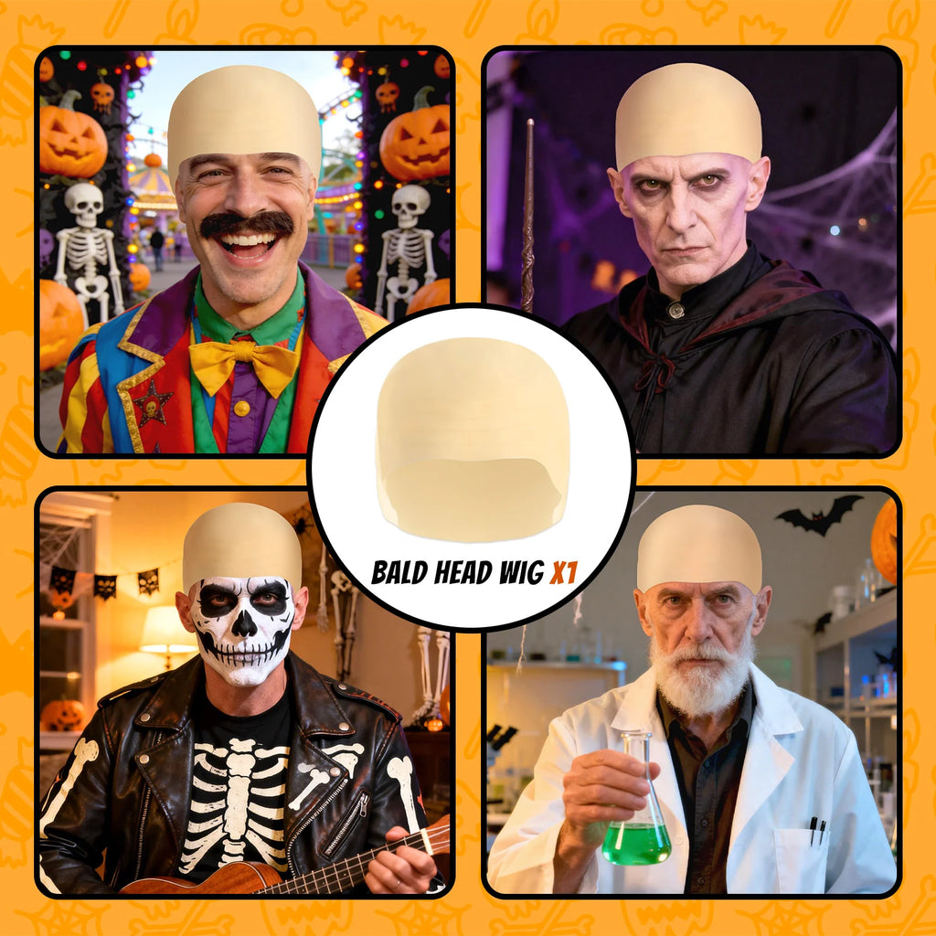 A clear product view presents a bald cap shown for clown villain skeleton and scientist costumes, with the smooth skin-tone surface and close-fitting cap shape clearly visible.