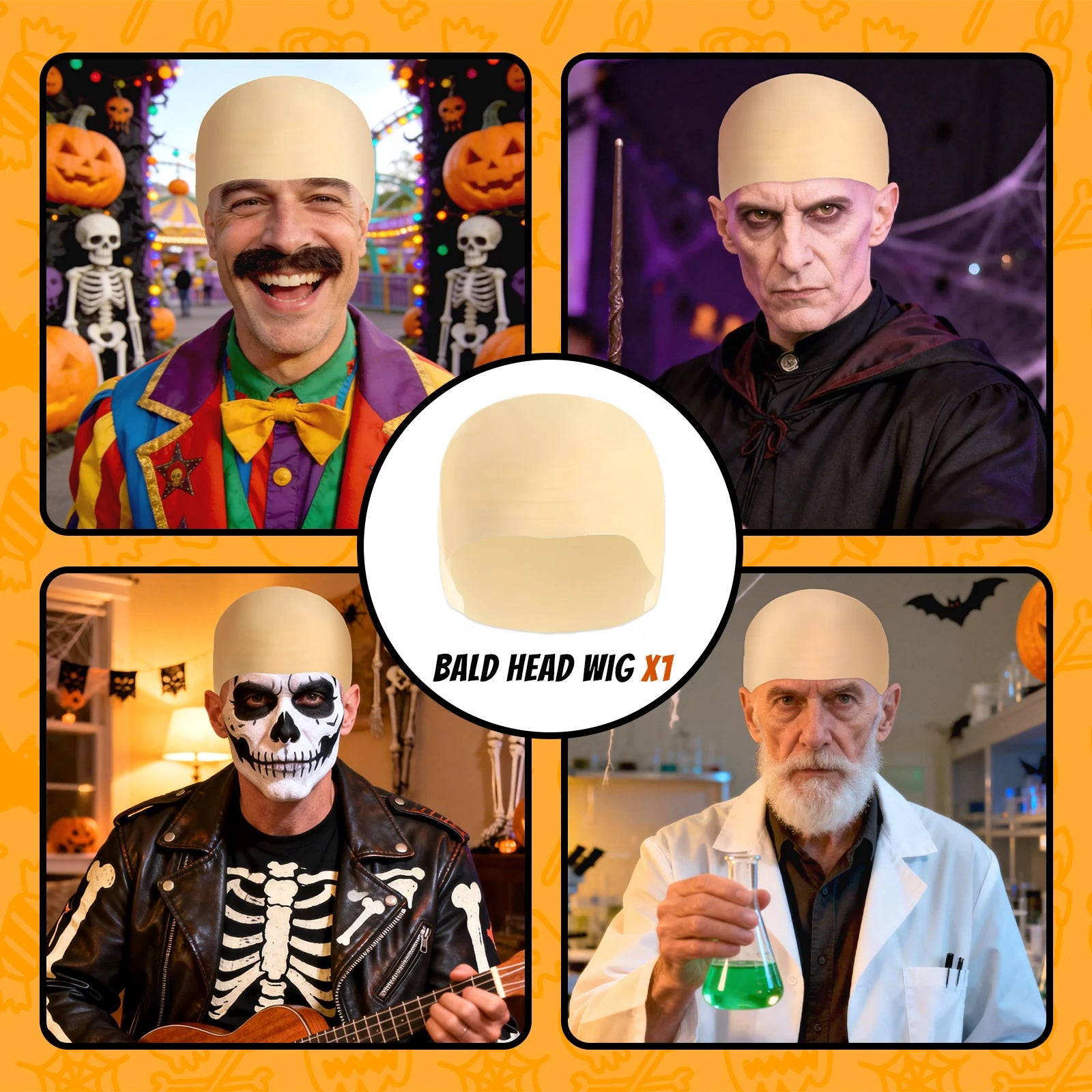 A clear product view presents a bald cap shown for clown villain skeleton and scientist costumes, with the smooth skin-tone surface and close-fitting cap shape clearly visible.