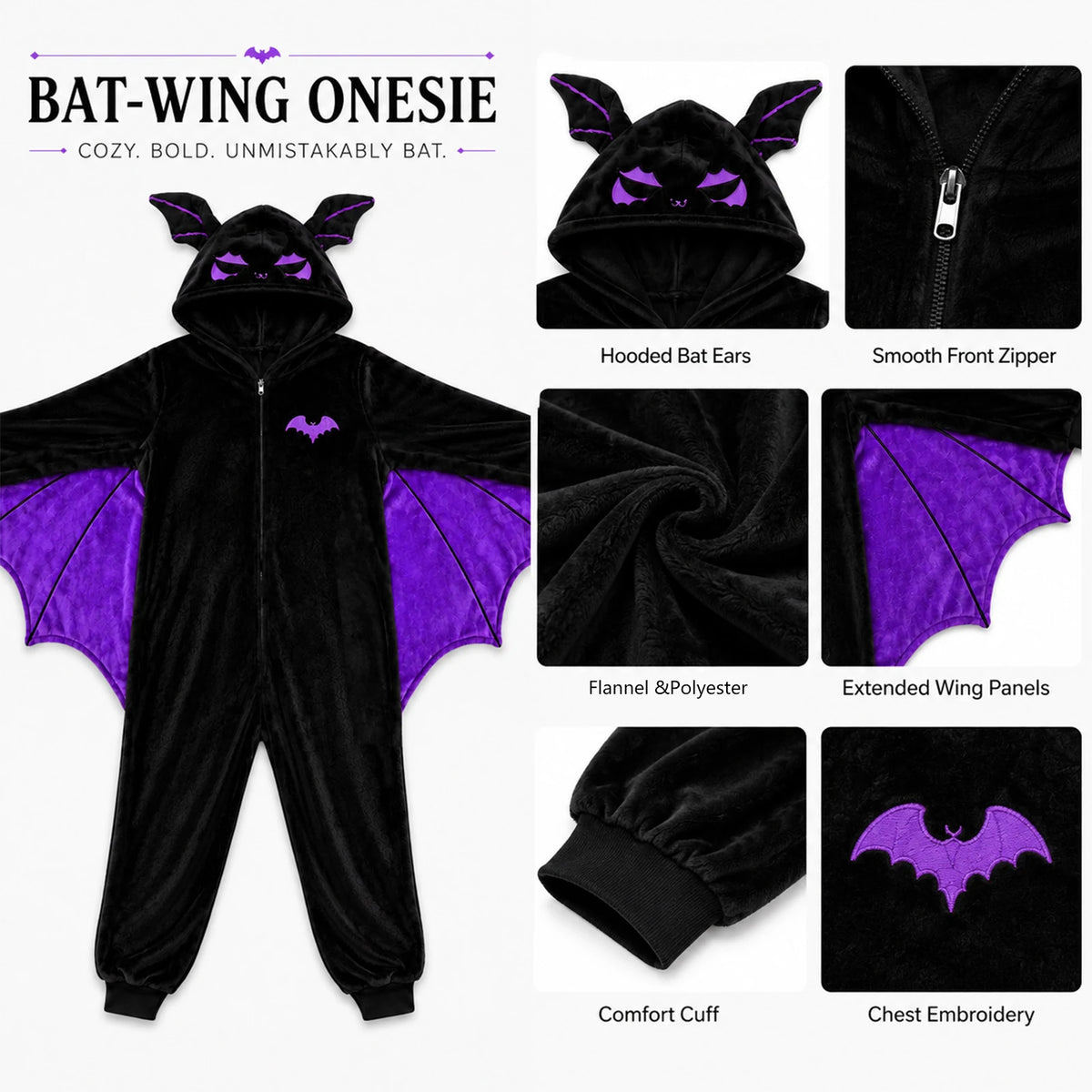 Adult purple bat-wing onesie detail infographic showing the hood, zipper, fabric texture, wing panels, cuffs and chest embroidery.